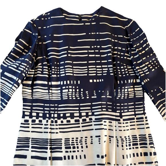 Vintage 80s Elizabeth Arden Navy Blue & White Silk Long Sleeve Midi Dress Sz 12 - Picture 5 of 16